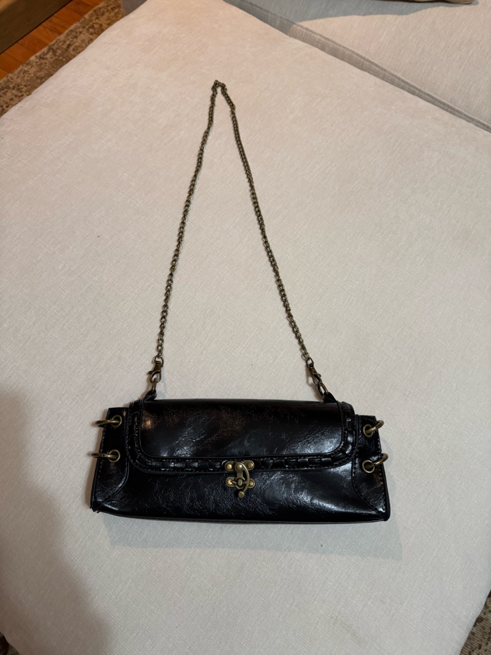 Source Unknown Black Leather Crossbody with Antique Gold Chain